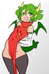 bottomless breasts clothed clothing female green_eyes green_hair green_tail hair horn simple_background small_breasts solo tail white_background wings yellow_horn moxaji mythology puyo_puyo sega draco_centauros animal_humanoid dragon dragon_humanoid horned_humanoid humanoid mythological_creature mythological_scalie scalie tailed_humanoid absurd_res digital_media_(artwork) hi_res sketch