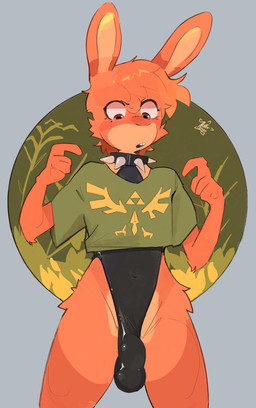anthro biped blush bulge clothing collar crop_top detailed_bulge fur latex looking_down male orange_body orange_fur shirt solo standing studded_collar studs topwear hotterthanjuly breath_of_the_wild nintendo the_legend_of_zelda link_(rabbit_form) lagomorph leporid mammal rabbit hi_res
