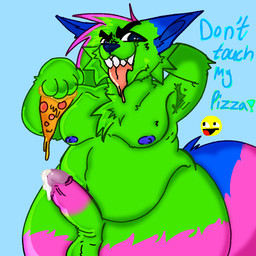 anthro armpit_hair balls belly big_belly big_penis big_tail bodily_fluids body_hair cum cum_drip cum_on_penis dripping erection eyebrows food fur genital_fluids genitals green_body humanoid_genitalia humanoid_penis male nipples overweight overweight_anthro overweight_male penis pizza smile solo tail thick_thighs edotedi don't_touch_my_pizza_(meme) nyanwolf kevin_(nyanwolf) canid canine canis domestic_cat felid feline felis hybrid mammal wolf 1:1