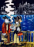 anthro black_hair bottomwear building cellphone checkered checkered_bottomwear checkered_clothing checkered_pants cigarette city cityscape clothing duo electronics eyewear female fire hair handbag holding_bag holding_object holding_phone kerchief male pants pattern_bottomwear pattern_clothing pattern_pants phone railing scarf shadow skyscraper smoke smoking sunglasses tired_eyes water billy_fore mammal mouse murid murine rodent
