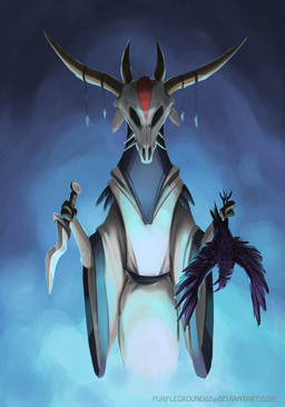 ambiguous_gender black_body black_feathers bone carrying_another clothed clothing dagger duo feathers front_view holding_character holding_object holding_weapon horn knife melee_weapon nude robe skull upside_down weapon purpleground02 armello league_of_geeks ambiguous_species avian bird corvid corvus_(genus) oscine passerine raven hi_res