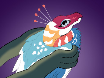ambiguous_gender duo feathers feral looking_back multicolored_body multicolored_feathers simple_background solo_focus shadeominus clever_girls hold_birb_gentle_like_hamburger prati_(clever_girls) shade_(clever_girls) dinosaur feathered_scalie ornithomimid prehistoric_species reptile scalie spinosaurid suchomimus_(species) theropod 4:3 hi_res meme