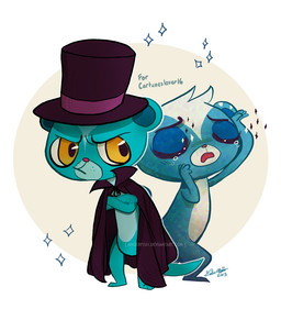 anthro blue_body blue_fur clothing crossed_arms duo eyes_closed fur grumpy hat headgear headwear magician_hat male semi-anthro simple_background tail white_background yellow_eyes angerfish hasbro littlest_pet_shop littlest_pet_shop_(2012) shahrukh sunil_nevla banded_mongoose herpestid mammal mongoose 2013