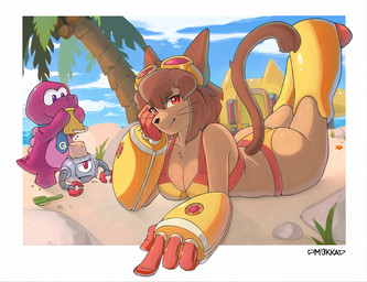 4_fingers anthro beach bikini border bottomwear breasts brown_body brown_fur brown_hair brown_tail butt chest_tuft cleavage clothed clothing cloud eyebrow_through_hair eyebrows eyewear eyewear_on_head female female_focus fingers fur goggles goggles_on_head group hair looking_at_viewer lying machine magenta_body male mechanical_arm mechanical_leg on_front outside palm_tree plant sand sea sky smile swimwear tail thick_thighs tight_clothing translucent translucent_hair tree tuft two-piece_swimsuit water whiskers yellow_clothing mi3kka gameoverse glitch_productions gobbles_(gameoverse) kaboodle_(gameoverse) kit_bodega nimble_(gameoverse) dinosaur domestic_cat felid feline felis mammal prehistoric_species reptile robot scalie hi_res