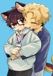 anthro black_nose blue_background blush blush_lines bodily_fluids claws clothing cute_fangs duo ear_piercing eyewear fangs finger_claws folded_ears fur glasses hoodie hug hugging_another hugging_from_behind intimate jacket kemono male male/male name_tag piercing pointy_ears pupils simple_background slit_pupils sweat sweatdrop tan_body tan_fur teeth topwear yellow_body yellow_fur young young_anthro young_male kuromu canid canine canis domestic_cat domestic_dog felid feline felis mammal absurd_res hi_res