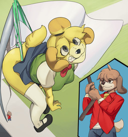 anthro bottomwear bullying clenched_teeth clothed clothing crossed_feet crossed_legs day detailed_background dress_shoes duo female flagpole flagpole_wedgie hanging_wedgie legwear male male/female outside panties pattern_bottomwear pattern_clothing pattern_panties pattern_underwear raised_bottomwear raised_clothing raised_skirt shocked skirt striped_bottomwear striped_clothing striped_panties striped_underwear stripes teeth thigh_highs underwear upskirt wedgie dar-kuu animal_crossing nintendo digby_(animal_crossing) isabelle_(animal_crossing) canid canine canis domestic_dog mammal absurd_res hi_res