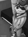 anthro bottomless clothed clothing inside looking_at_viewer male selfie smile solo standing rinzy rinzy_(character) mammal procyonid raccoon 2019 3:4 hi_res monochrome signature sketch