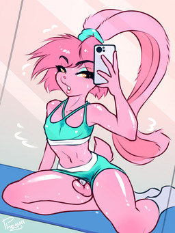 anthro balls black_eyebrows blue_eyeshadow bodily_fluids bottomwear cellphone chastity_cage chastity_device clothed clothing crossdressing ear_tie ears_as_hair electronics eyebrows eyeshadow femboy flat_chastity_cage footwear fur furgonomics genitals hair hotpants makeup male mirror mirror_selfie orange_eyes phone pink_body pink_fur pink_hair ponytail_ears selfie shorts sitting smartphone socks solo sweat sweat_stain sweatdrop phenyanyanya atticus_mura lagomorph leporid mammal rabbit 3:4 hi_res