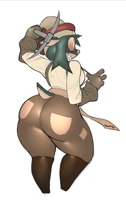 anthro big_butt boots bottomwear brown_boots brown_bottomwear brown_clothing brown_footwear brown_gloves brown_handwear brown_pants buckteeth butt clothed clothing eyewear female footwear fur gloves goggles green_body green_fur handwear holding_pickaxe knee_boots knee_highs legwear mining_helmet open_mouth orange_nose pants rear_view shoes simple_background solo suspenders tan_body tan_fur teeth thick_thighs topwear white_background white_clothing white_topwear wide_hips pokejumpn atlyss ruka_(atlyss) eulipotyphlan mammal mole_(animal) absurd_res hi_res