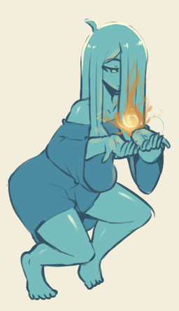 blue_body blue_clothing blue_eyes blue_hair blue_shirt blue_skin blue_topwear bottomless clothed clothing female fire hair long_hair male not_furry shirt simple_background solo topwear white_background saucymauler mila_(spikedmauler) ghost spirit