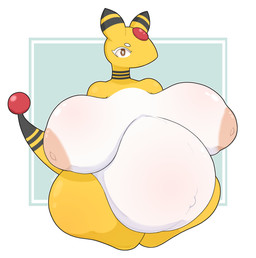 anthro areola belly big_belly big_breasts black_body black_fur breasts breasts_apart female forehead_gem fur gem hand_behind_back huge_breasts hyper hyper_breasts hyper_pregnancy looking_at_viewer nipples obese obese_anthro obese_female overweight overweight_anthro overweight_female pink_nipples pregnant pregnant_female simple_background solo tail tail_orb text thick_thighs white_background white_body white_fur wide_hips yellow_body yellow_fur alyaska2201 nintendo pokemon ampharos generation_2_pokemon pokemon_(species) absurd_res artist_name hi_res