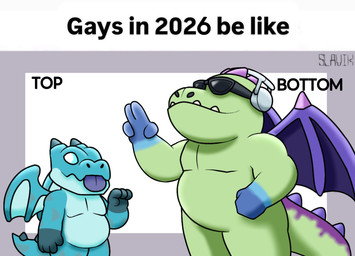 anthro blue_body bottomless bottomless_male clothed clothing dragon_wings duo electronics eyewear green_body headphones male purple_body romantic romantic_couple size_difference sunglasses text topless topless_male slavik. gays_in_2025_be_like mythology baby_dragon_(clash_roayle) dragon mythological_creature mythological_scalie scalie english_text hi_res meme