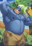 5_fingers anthro barazoku belly big_muscles black_nipples black_nose blue_body blue_eyes blue_fur bodily_fluids bottomwear clothed clothing detailed_background eyebrows eyewear fingers fur garden gardener glasses gloves handwear humanoid_hands looking_at_viewer male musclegut muscular muscular_anthro muscular_male nipples outside pink_tongue shorts solo standing sweat thick_eyebrows tongue tongue_out topless adios russell_sotelo bear mammal 2023 absurd_res digital_drawing_(artwork) digital_media_(artwork) hi_res