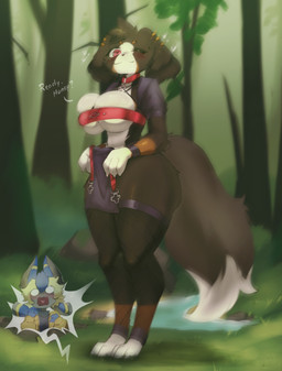 4_fingers anthro big_breasts big_butt black_body black_fur blue_body blue_fur breasts brown_body brown_fur butt clothed clothing collar detailed_background duo ear_piercing ear_ring female fingers fishnet_stockings forest fur huge_breasts male piercing plant red_eyes ring_piercing thick_thighs tree white_body white_fur yellow_body yellow_fur shoko_steff bernese_mountain_dog canid canine canis domestic_dog felid feline mammal molosser mountain_dog swiss_mountain_dog digital_drawing_(artwork) digital_media_(artwork) hi_res