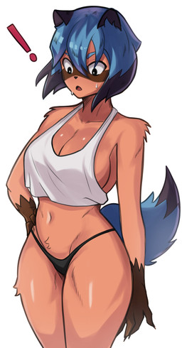 anthro arm_tuft big_breasts blue_body blue_eyes blue_hair blush breasts brown_body brown_fur clothed clothing crop_top curvy_figure dipstick_hair dipstick_tail exclamation_point female fluffy fur glistening glistening_body glistening_breasts gloves_(marking) hair markings panties shirt shoulder_tuft side_boob solo tail tail_markings topwear tuft underwear voluptuous white_clothing nyapii brand_new_animal studio_trigger michiru_kagemori canid canine mammal raccoon_dog tanuki absurd_res hi_res unavailable_at_source