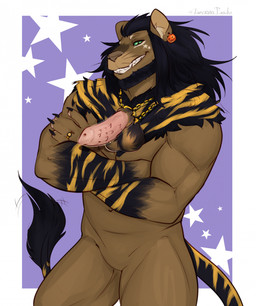 anthro barazoku beard black_beard black_body black_facial_hair black_fur black_hair black_nails black_tail brown_body brown_fingers brown_hands brown_legs chain colored_nails ear_piercing ear_ring facial_hair fur gold_(metal) gold_chain golden_ring green_eyes hair male modular muscular muscular_anthro muscular_male nails neck_penis penis_on_neck piercing purple_background ring_piercing simple_background smile stars_on_cheeck tail yellow_body yellow_fur yellow_tail skwerna_timido final_fantasy final_fantasy_xiv square_enix domestic_cat felid feline felis hrothgar mammal hi_res