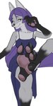 4_toes anthro black_body black_fur clothing dress feet female foot_focus fur grey_body grey_fur hair humanoid_feet looking_at_viewer pawpads plantigrade purple_hair simple_background sitting solo toes white_background pieebo canid canine fox mammal hi_res