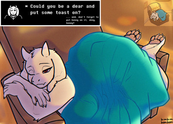 2_horns 4_toes anthro armchair bedding big_breasts big_butt blanket breasts butt chair claws curvy_figure feet female floppy_ears foot_focus fur fur_tuft furniture horn long_ears multicolored_body nude nude_anthro nude_female one_eye_closed overweight overweight_female pawpads paws red_eyes solo tail tail_under_clothing text text_box thick_thighs tired tired_eyes toe_claws toes tuft white_body white_fur wide_hips bimbimbambam deltarune undertale_(series) toriel toriel_(deltarune) bovid caprine goat mammal chromatic_aberration english_text hi_res