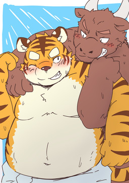 anthro barazoku belly blush bottomwear clothing duo horn hug humanoid_hands male moobs navel one_eye_closed overweight overweight_male shorts wink kotadash bovid bovine cattle felid mammal pantherine tiger 2015