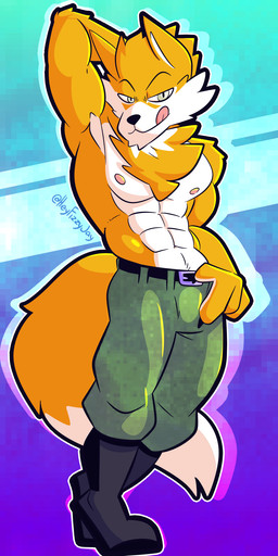 abs abstract_background anthro arm_tuft bedroom_eyes belt black_belt black_nose boots bottomwear cheek_tuft chest_tuft chin_tuft closed_smile clothed clothed_anthro clothed_male clothing countershade_face countershade_fur countershade_torso countershading digitigrade dipstick_tail elbow_tuft facial_tuft fluffy fluffy_tail footwear fur green_bottomwear green_clothing green_eyes green_pants grey_boots grey_clothing grey_footwear hand_on_hip licking licking_lips licking_own_lips male male_anthro markings mouth_closed multicolored_body multicolored_fur muscular muscular_anthro muscular_male narrowed_eyes neck_tuft nipples outline pants pink_nipples pink_tongue plantigrade seductive shoes smile smiling_at_viewer solo tail tail_markings tongue tongue_out topless topless_anthro topless_male tuft two_tone_body two_tone_fur two_tone_tail white_body white_countershading white_fur white_inner_ear white_tail_tip yellow_body yellow_fur yellow_tail fizzyjay ace_combat_7 bandai_namco trigger_(ace_combat_7) canid canine canis mammal wolf 1:2 cel_shading digital_drawing_(artwork) digital_media_(artwork) full-length_portrait hi_res portrait shaded