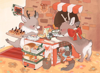 ambiguous_gender antlers baguette baking blush bottle bread brown_body brown_fur container cooking dot_eyes egg eyes_closed feral food fur group holding_object horn open_mouth open_smile orange_body orange_fur semi-anthro simple_eyes smile white_body white_fur memegmu canid canine deer fox mammal rodent sciurid 2020 hi_res