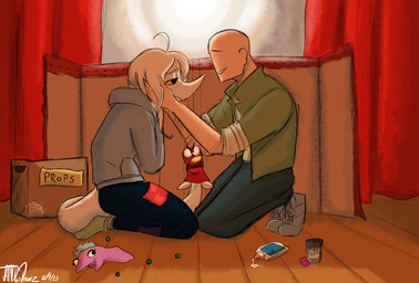 anthro bald black_eyes blonde_hair blue_clothing blue_hoodie blue_topwear box clothed clothed_anthro clothed_female clothed_human clothed_male clothing container curtains duo eyebrows female freckled_face freckled_tail freckles glue green_clothing green_jacket green_topwear hair hand_on_cheek hoodie human_on_anthro inside interspecies jacket long_hair looking_at_another male male/female puppet raised_inner_eyebrows romantic romantic_couple side_view smile tail text topwear white_body yellow_sclera joebamna cavemanon_studios puppet_pals snoot_game anon_(snoot_game) fan_character judee dinosaur human mammal prehistoric_species reptile saurischian scalie theropod troodon troodontid 2025 absurd_res artist_name colored dated english_text hi_res shaded