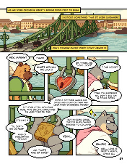 anthro bridge brown_body brown_fur clothed clothing detailed_background dialogue duo eyewear fur glasses looking_at_viewer male outside overweight overweight_anthro overweight_male sky smile speech_bubble text conditional_dnp mabit gabe_(mabit) manny_(mabit) capybara caviid common_hippopotamus hippopotamid mammal rodent 2026 comic digital_media_(artwork) english_text hi_res pixel_(artwork)