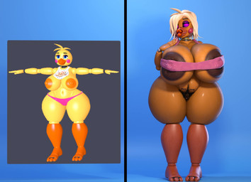 aged_up anthro areola beak belly_hair big_areola big_breasts blonde_hair blue_background blue_eyes body_hair bottomless bottomless_anthro bottomless_female bra breasts clothed clothing colored_nails comparison dark_areola eyes_closed eyeshadow female hair hair_over_eye hairy_vulva happy_trail huge_areola huge_breasts lips long_nails machine makeup mature_anthro mature_female nails navel nipples non-mammal_breasts non-mammal_navel non-mammal_nipples orange_nipples pink_bra pink_clothing pink_nails pink_nipples pink_underwear pubes purple_eyeshadow short_hair simple_background smile solo t-pose thick_lips thick_thighs topless topless_anthro topless_female underwear wide_hips rckke rckke_(modeler) five_nights_at_freddy's five_nights_at_freddy's_2 scottgames runaboo_chica toy_chica_(fnaf) animatronic avian bird chicken galliform gallus_(genus) phasianid robot robot_anthro 3d_(artwork) absurd_res digital_media_(artwork) hi_res