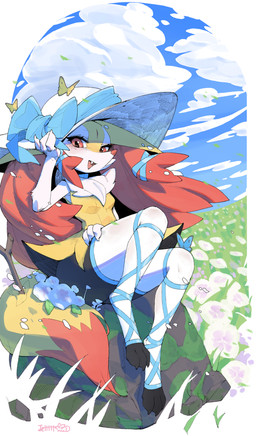 3_fingers 3_toes anthro arm_tuft barefoot biped black_body black_claws black_fur blush boulder bow_ribbon breasts cheek_tuft chest_tuft claws clothing cloud cute_fangs day detailed_background digitigrade dipstick_tail eyelashes facial_tuft fangs featureless_breasts feet female female_anthro finger_claws fingers flower flower_field fluffy front_view fur grass hat headgear headwear inner_ear_fluff legwear looking_at_viewer markings moss mostly_nude_anthro mostly_nude_female multicolored_body multicolored_fur object_in_tail open_mouth open_smile orange_body orange_eyes orange_fur orange_nose orange_tail outside paws petals plant pointy_ears prick_ears pupils rock sharp_teeth shoulder_tuft sitting sky small_breasts smile snout solo stick stick_in_tail tail tail_markings teeth thigh_highs three-quarter_view toe_claws toes tongue tuft two_tone_tail white_body white_claws white_fur white_sclera yellow_body yellow_fur yellow_tail fuli_jeffery nintendo pokemon arthropod braixen butterfly canid generation_6_pokemon insect lepidopteran mammal pokemon_(species) 2026 absurd_res chinese_description digital_drawing_(artwork) digital_media_(artwork) full-length_portrait hi_res portrait shaded signature