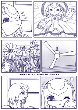 :< ambiguous_feral ambiguous_gender anthro bed bed_sheet bedding ceiling detailed_background dialogue duo feral flower furniture grass kemono machine male male_anthro mouth_closed on_bed pillow plant text waking_up cyyeun xen_(series) switch_(xen) avian bird robot robot_anthro 2007 artist_name blue_and_white blue_monochrome comic dated english_text monochrome