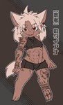 abs ambiguous_gender anthro brown_body brown_fur clothing ear_piercing fur hair jewelry mastectomy_scar muscular muscular_ambiguous navel navel_piercing necklace outline_text piercing red_eyes scar solo tattoo underwear white_hair kiukiu diana_(kiukiu) canid mammal hi_res