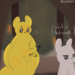 ambiguous_gender anthro belly belly_grab blush blush_lines dialogue duo embarrassed fupa hand_behind_back motion_lines rumbling_stomach slightly_chubby tail thick_tail thick_thighs white_body yellow_body lspagf rain_world videocult monk_(rain_world) survivor_(rain_world) slugcat 1:1 absurd_res hi_res