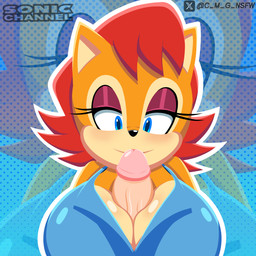 anthro big_breasts big_penis blue_background blue_eyes blush breast_play breasts brown_body brown_fur cleavage clothed clothing duo erection eyeshadow female first_person_view fur genitals hair makeup male male/female orange_body penis purple_eyeshadow red_hair sex simple_background smile style_emulation titfuck c_m_g_nsfw archie_comics sega sonic_channel sonic_the_hedgehog_(archie) sonic_the_hedgehog_(comics) sonic_the_hedgehog_(series) sally_acorn sally_acorn_(post-sgw) ground_squirrel human mammal rodent sciurid 1:1 2025 absurd_res digital_media_(artwork) hi_res