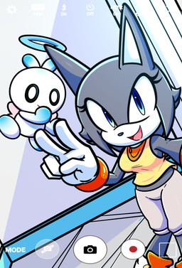 big_breasts blue_eyes bottomwear breasts clothing duo female fur gloves grey_body grey_fur hair handwear long_ears selfie selfie_pose short_hair shorts simple_background small_wings smile smiling_at_viewer tight_bottomwear tight_clothing tight_shorts wings wristband xxkenthewolfxx sega sonic_the_hedgehog_(series) fan_character chao_(sonic) domestic_cat felid feline felis mammal absurd_res hi_res