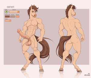 abs animal_genitalia animal_penis anthro balls blue_sclera brown_hair brown_tail color_swatch equine_genitalia equine_penis erection front_view genitals hair male medial_ring mouth_closed muscular muscular_anthro muscular_male navel nipples nude pecs penis pink_balls pink_nipples pink_penis rear_view short_hair simple_background solo standing tail tan_body text vein veiny_penis yellow_eyes apple-faced equid equine horse mammal 2022 artist_name dated english_text hi_res model_sheet