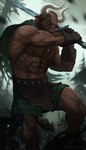 action_pose anthro big_muscles bottomwear brown_body brown_fur cape clothed clothing fur gloves handwear holding_melee_weapon holding_object holding_sword holding_weapon horn jewelry male melee_weapon muscular muscular_anthro muscular_male necklace partially_clothed pose scar shirtless solo sword tail tail_tuft tuft warriors weapon lynncore european_mythology greek_mythology mythology bovid bovine mammal minotaur 2023 4:7 hi_res