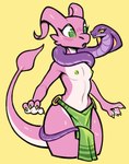 2019 4_fingers anthro areola blush bottomwear breasts claws clothed clothing coiling digital_media_(artwork) duo eyelashes female fingers green_eyes horn hypnosis kobold loincloth loincloth_only mind_control navel nipples non-mammal_breasts non-mammal_nipples partially_clothed pink_body pink_scales purple_body purple_scales reptile scales scalie slim small_breasts snake sorc spade_tail standing tail topless