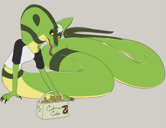 ambiguous_gender anthro apode black_sclera bottle claws clothing container fangs forked_tongue green_body green_scales hair head_tuft legless logo long_body looking_at_object looking_down scales serpentine shirt simple_background snake_hood solo teeth tongue topwear torn_clothing torn_shirt torn_topwear tuft yellow_eyes yellow_underbelly sepisnake cobra_cola draconcopode naga 2014 signature