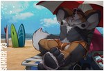 anthro athletic beach beach_chair beach_umbrella clothing cooler eyewear hands_behind_back male musclegut muscular parasol seaside solo sunglasses surfboard swimming_trunks swimwear cobaltgrande thesammon_(fox) canid canine canis domestic_dog mammal mountain_dog hi_res