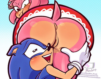 angry annoyed anthro anus big_butt blue_background blue_body blue_fur blush butt clothed clothing dress duo eyelashes face_against_ass female fur genitals gloves green_eyes handwear hug hugging_another hugging_butt looking_back male male/female no_underwear pattern_background pink_body pink_fur simple_background smile tail tan_body tan_skin vulva scarstar sega sonic_the_hedgehog_(series) amy_rose sonic_the_hedgehog eulipotyphlan hedgehog mammal watermark