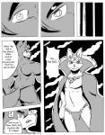 anthro canid canine canis clothing comic dialogue digital_media_(artwork) domestic_cat duo english_text felid feline felis femboy greyscale jockstrap magic male male/male mammal monochrome muscular reagan700 text underwear wolf