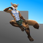 anthro blue_eyes brown_body brown_fur clothing fur green_clothing green_underwear male orange_body orange_fur pose simple_background sitting underwear white_body white_fur tsaiwolf scott_(scottthefox94) canid canine fox humanoid mammal 1:1 hi_res