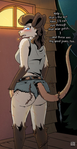 anthro belt blue_clothing blue_eyes blue_shirt blue_topwear blush blush_lines bottomwear brown_hair building butt cigarette clothing denim denim_bottomwear denim_clothing denim_shorts detailed_background dialogue exposed_butt eyebrows eyelashes female fur grey_body grey_fur hair house leg_markings logo looking_back markings pants pink_body pink_skin plant rear_view shirt shorts smoking smoking_cigarette socks_(marking) solo spots spotted_body spotted_fur tail text thorns topwear torn_bottomwear torn_clothing torn_pants tree window posspowered bonnie_vale_(posspowered) american_opossum mammal marsupial virginia_opossum 2023 artist_logo english_text hi_res