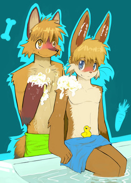 anthro assisted_bathing bath bathing blush bone carrot clothed clothing duo food male male/male plant rubber_duck sitting smile soap standing topless towel vegetable whiskers whiteleo canid canine fox lagomorph leporid mammal rabbit digital_media_(artwork) hi_res