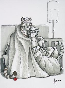 accessory anthro anthro_on_anthro bell cheek_tuft closed_smile cuddling duo eyewear facial_markings facial_tuft fur furgonomics furniture glasses head_markings head_tuft holding_object holding_pen inside lamp male male/male male_anthro markings mouth_closed pen rectangular_glasses sitting slim_anthro slim_male smile sofa striped_arms striped_body striped_face striped_fur striped_markings striped_tail stripes tail tail_accessory tail_bell tail_markings tuft under_blanket hufnaar hufnaar_(character) ulbrek felid mammal pantherine tiger 2016 absurd_res dated hi_res partially_colored