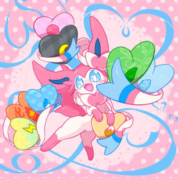ambiguous_gender blue_eyes blush blush_lines bow_(anatomy) dotted_background fangs feral fur heart_symbol looking_at_viewer midair open_mouth pattern_background paws pink_body pink_fur ribbons_(anatomy) simple_background solo teeth tongue white_body astella1204 nintendo pokemon eeveelution generation_6_pokemon pokemon_(species) sylveon 1:1 2025 hi_res signature