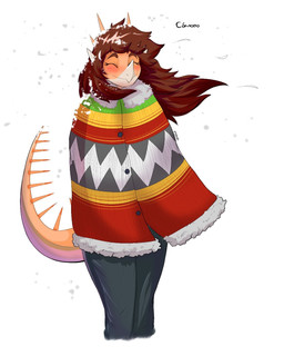 anthro clothed clothing eyes_closed female hair multicolored_body orange_body poncho red_hair simple_background smile snow solo spiked_tail spikes spikes_(anatomy) tail two_tone_body white_background wind protonmono cavemanon_studios goodbye_volcano_high ko_op_(game_developer) snoot_game rosa_(gvh) aquilops ceratopsian dinosaur marginocephalian ornithischian prehistoric_species reptile scalie thyreophoran 4:5 hi_res