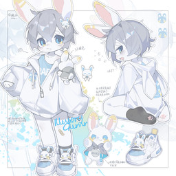 abstract_background anthro black_clothing black_footwear black_socks blue_clothing blue_eyes blue_footwear blue_shoes blue_topwear clothing footwear front_view grey_hair hair jacket kneeling looking_at_viewer male mouth_closed shoes short_hair socks solo standing text topwear white_body white_clothing white_footwear white_jacket white_shoes white_socks white_topwear young young_anthro young_male emolga_1 lagomorph leporid mammal rabbit 1:1 2024 absurd_res dated hi_res translated