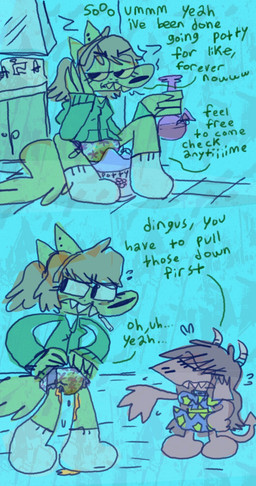 accessory age_regression ageplay anthro bathroom bodily_fluids bong brown_hair cigarette clothing diaper dress drugs duo ear_piercing embarrassed female female/female footwear freckles fur genital_fluids green_body green_fur hair hair_accessory hairband hoodie horn infantilism inside leaking_diaper legwear mirror peeing piercing ponytail potty potty_fail potty_training pull-ups_(diaper) purple_body purple_fur roleplay sharp_teeth sink smoke socks sweat teeth text topwear unclean_diaper urine used_diaper wet wet_diaper wetting young cate_wurtz goodnites unknown_species 2015 english_text hi_res