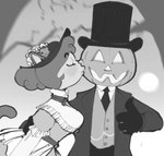 anthro clothed clothing female gesture hand_gesture hat headgear headwear holidays jack-o'-lantern kissing_cheek male moon plant thumbs_up top_hat tree victorian vintage creator_ant halloween amy_(creator_ant) domestic_cat felid feline felis humanoid mammal black_and_white monochrome